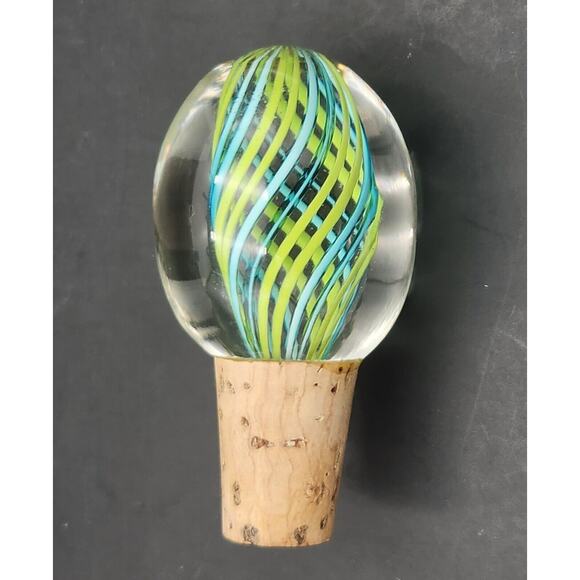 Vtg Blown Glass & Cork BOTTLE STOPPER Blue & Green Twisted Cane Ribbons - Picture 3 of 7
